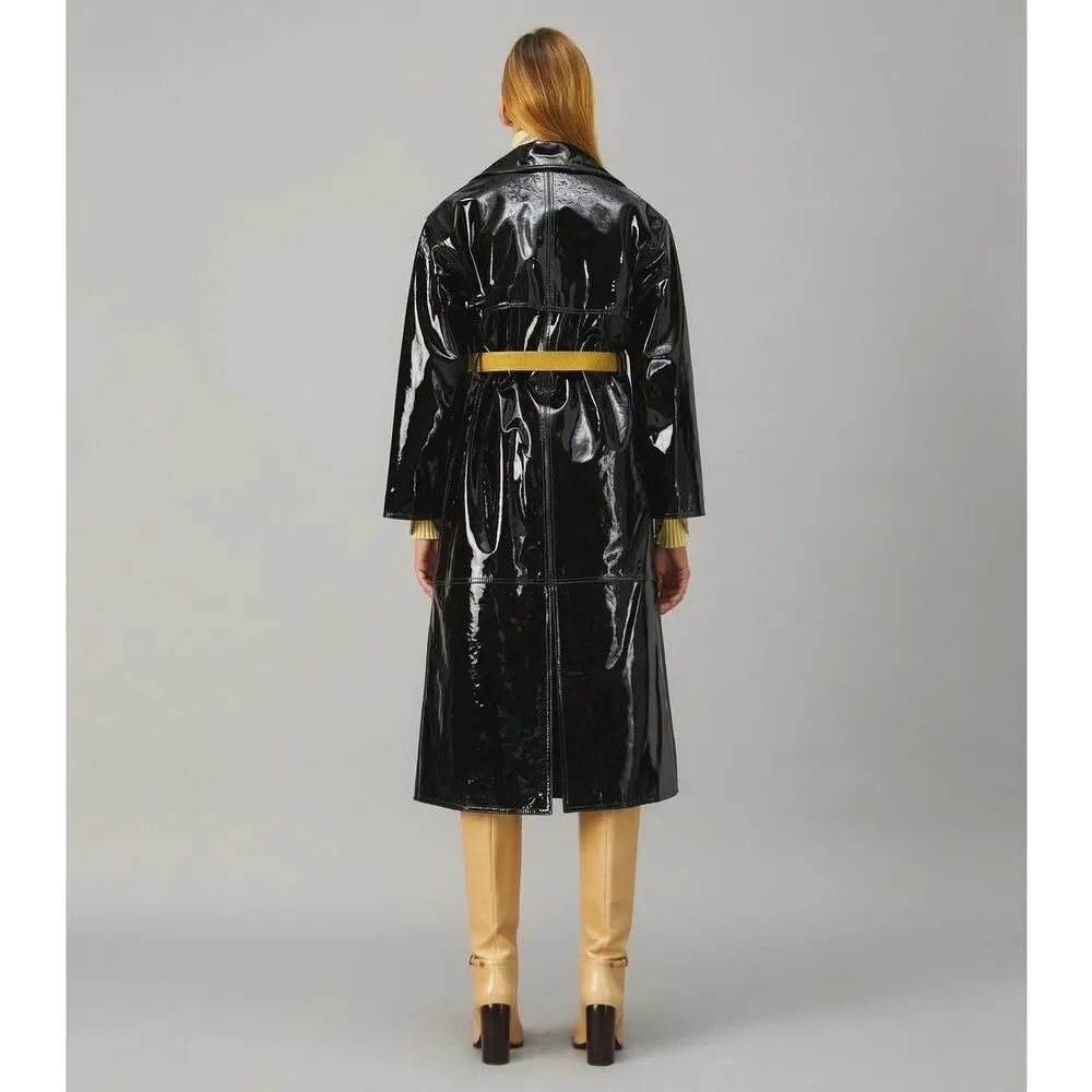 Tory Burch Black Patent Leather Trench Coat Belted Size 6